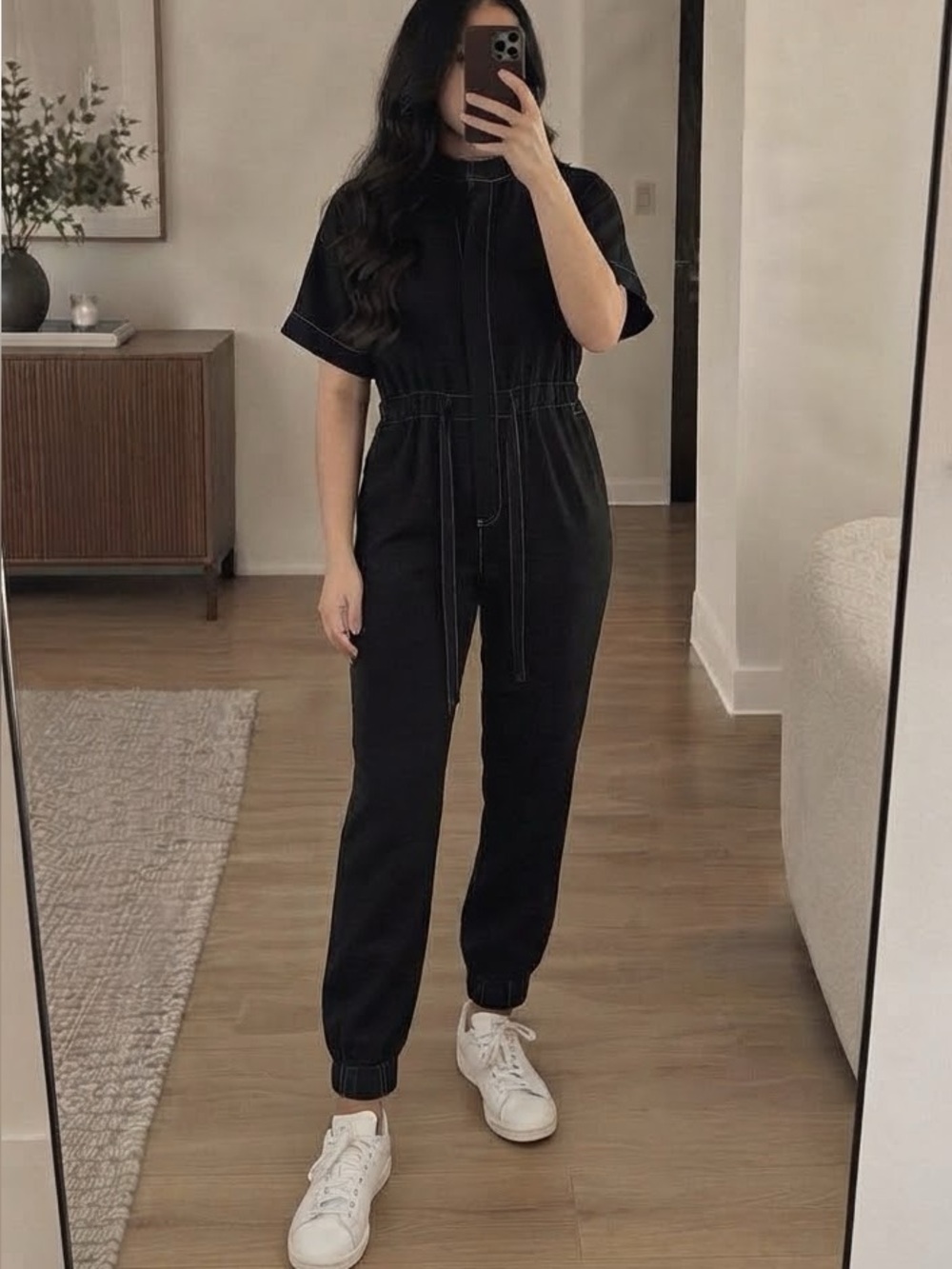 Black Utility Jumpsuit Contrast Stitch Mock Neck Minimalist Boiler Suit Sz M/L